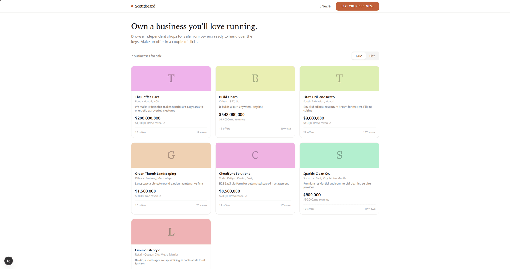 The ScoutBoard marketplace: a grid of business listing cards, each with a name, industry, price and offer count, under the heading 'Own a business you'll love running.'