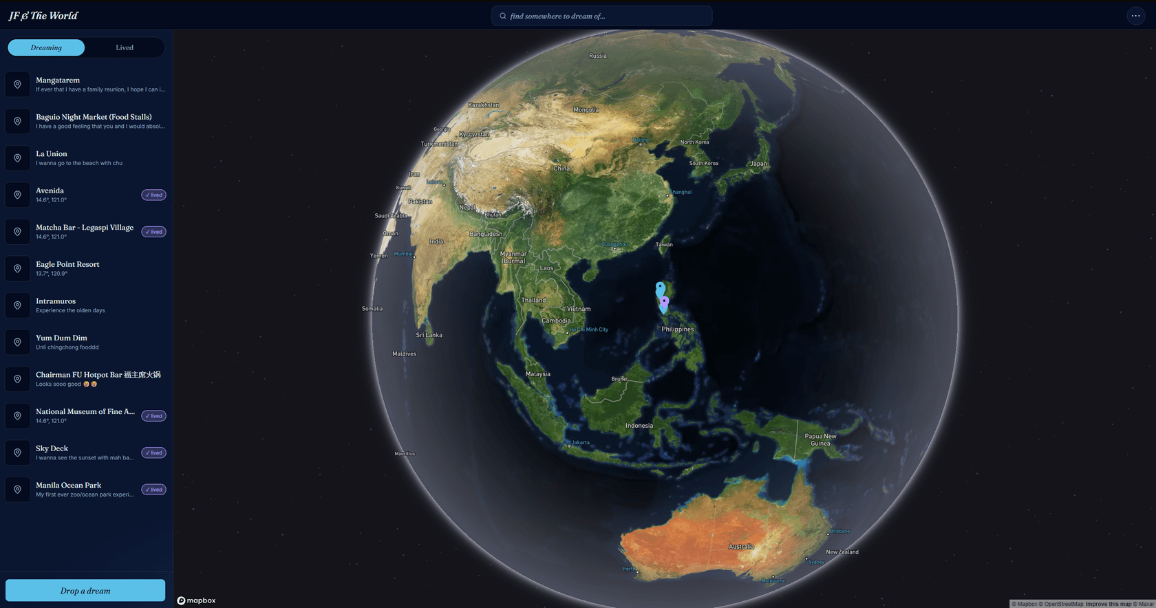 The JF & The World home screen: the Earth as a realistic globe over Southeast Asia, with a sidebar of dreamed-of places on the Dreaming tab and a pin on the Philippines.