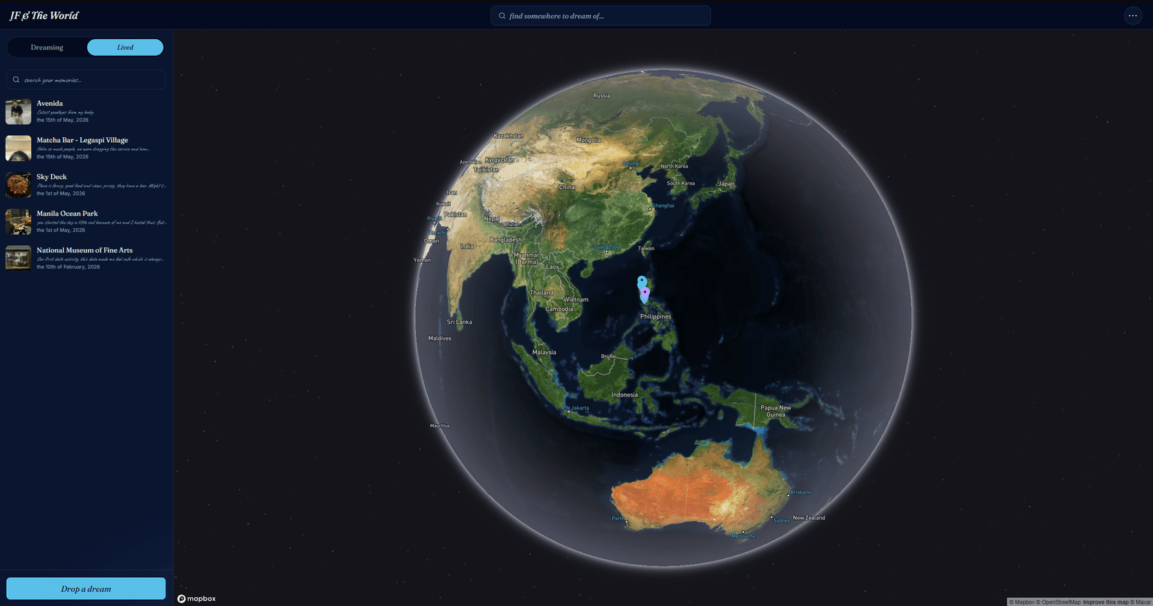 The Lived tab: the same globe with a sidebar of visited places, each memory showing a photo, a short note and the date it was visited.