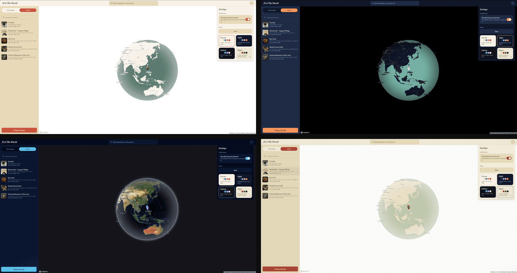 The same globe shown in the four map themes: Dream in warm sage, Night in midnight blue, Galaxy as a lit Earth on black, and Paper as a beige field notebook.